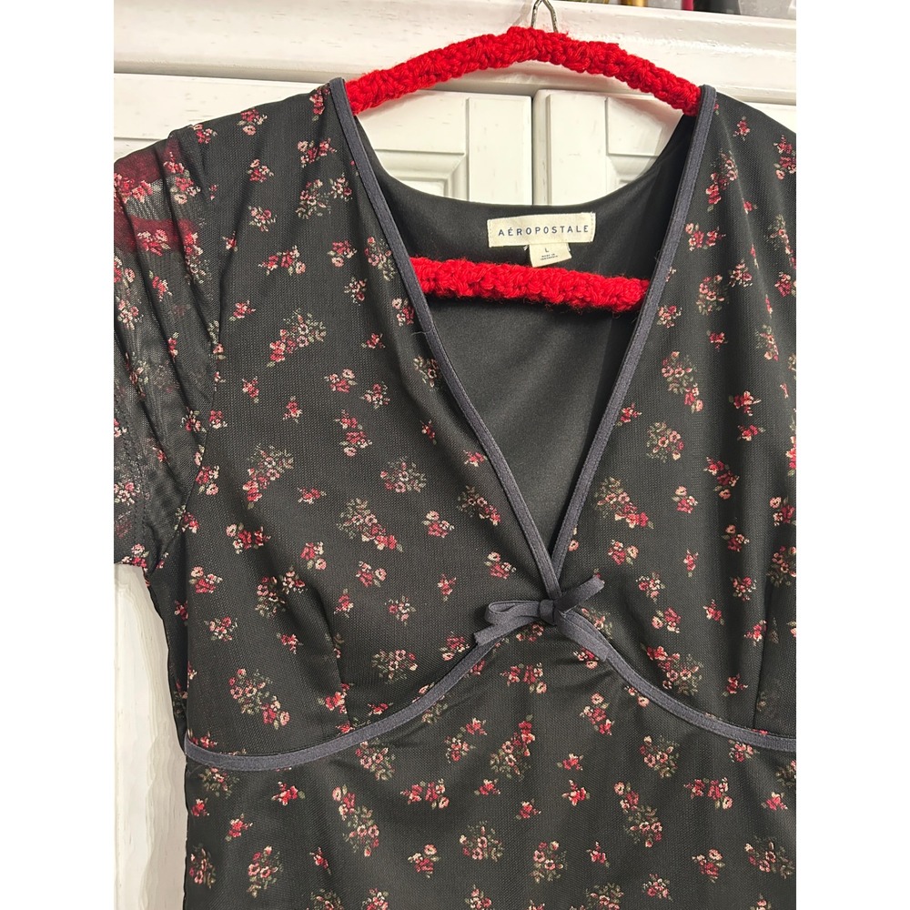 Aeropostale Black Floral Mesh V-Neck Bow Short Sleeve Top SMALL - Picture 6 of 7